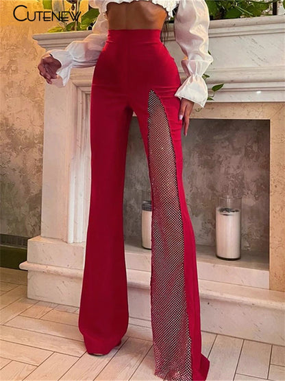 TAMBREET NIBBER Sexy Mesh Patchwork One Shoulder Playsuits Women Elegant Solid Skinny Flare Pants Jumpsuit Fashion Lady Party Streetwear