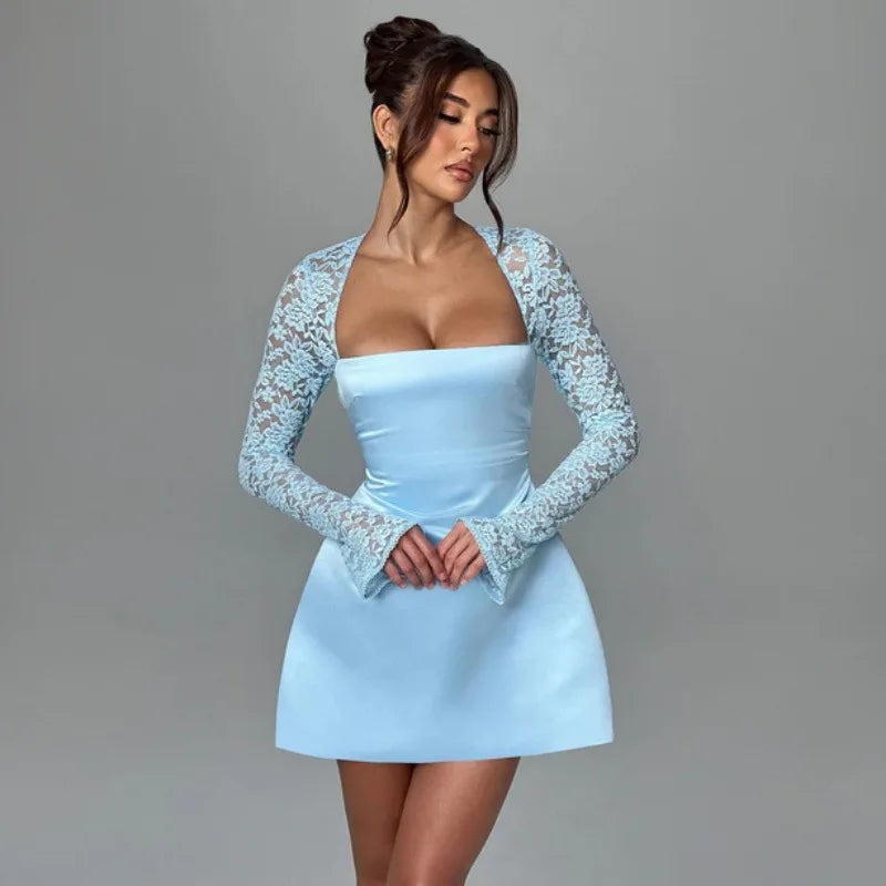 TAMBREET NIDANSSI White Lace Backless Evening Party Dress Women Hollow Out Robes Elegant Sexy Dress Bodycon Mini Autumn Dress Vestidos