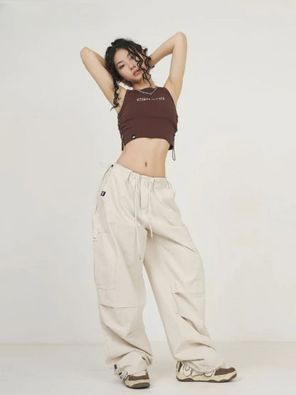 TAMBREET New American Retro Paratroopers Overalls Female Sweet Spice Girls Summer Hip-Hop Dancing Straight Loose High Street Joker Pants