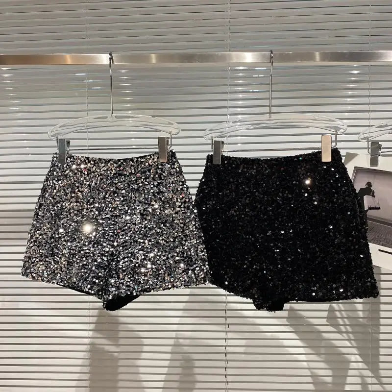 TAMBREET New Autumn Black Velvet Shorts Women Sequined Shiny Versatile Short Pants Clubwear Shorts Hot Pants High Street