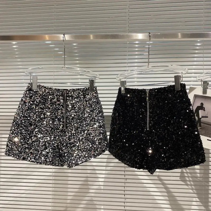 TAMBREET New Autumn Black Velvet Shorts Women Sequined Shiny Versatile Short Pants Clubwear Shorts Hot Pants High Street