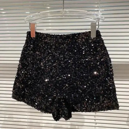 TAMBREET New Autumn Black Velvet Shorts Women Sequined Shiny Versatile Short Pants Clubwear Shorts Hot Pants High Street