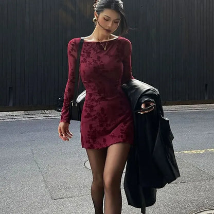 TAMBREET New Dresses Women Autumn O-Neck Sexy Wine Red Streetwear Fashion Print Long Sleeves Dresses Lady Knitted Pullover Clothing Dress