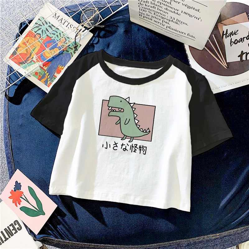 TAMBREET New Fashion Harajuku Sexy Short Sleeve T-Shirts Women Slim Fit Crop Tops Bodycon Tees Kawaii Cartoon Dinosaur Graphic Tshirt