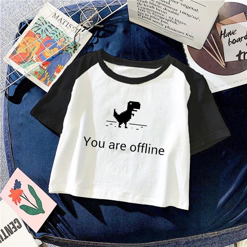 TAMBREET New Fashion Harajuku Sexy Short Sleeve T-Shirts Women Slim Fit Crop Tops Bodycon Tees Kawaii Cartoon Dinosaur Graphic Tshirt