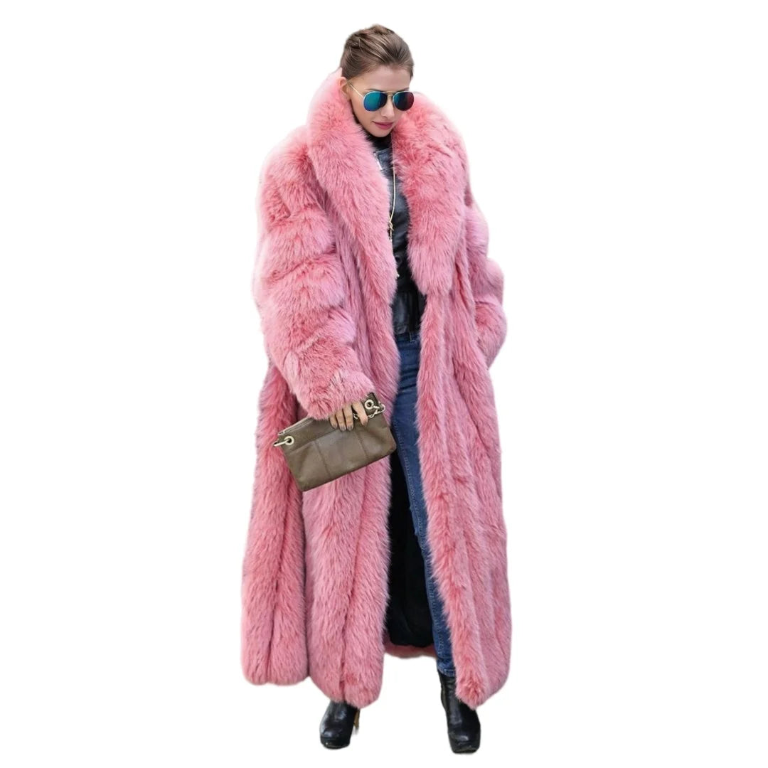 TAMBREET New Faux Fur Coat Women's Pink Thick Warm Long Environmental Fur Faux Fur Coat