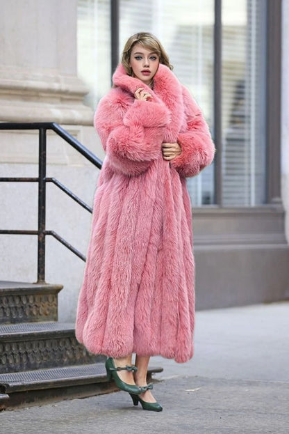 TAMBREET New Faux Fur Coat Women's Pink Thick Warm Long Environmental Fur Faux Fur Coat