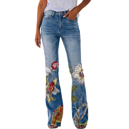 TAMBREET New Floral Printed Loose Flared Pants for Women Jeans Stretch Harajuku Bell Bottom Long Trousers Female Straight Leg Denim Pants