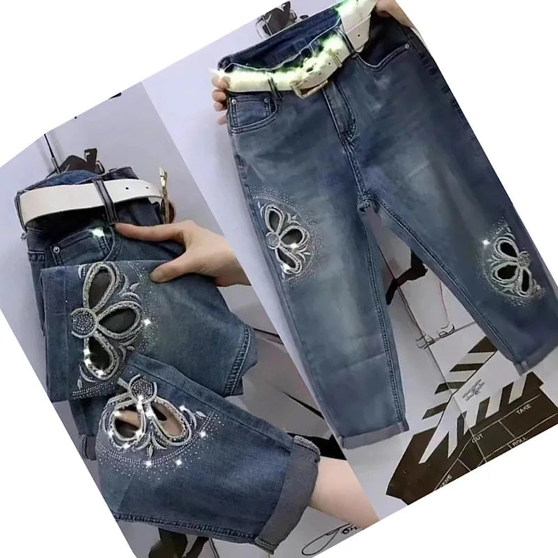 TAMBREET New High Waist Summer Elastic Waist Students Korean Version Of Loose Pants Straight Harem Denim Pants Broke Jeans Pants Female