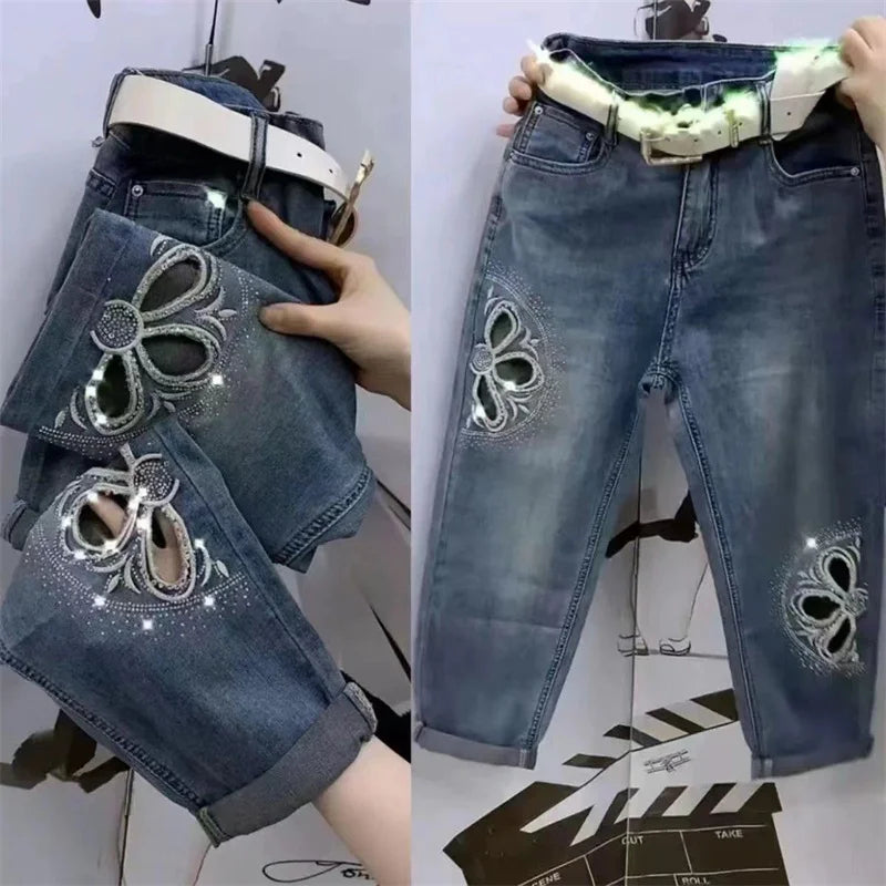 TAMBREET New High Waist Summer Elastic Waist Students Korean Version Of Loose Pants Straight Harem Denim Pants Broke Jeans Pants Female