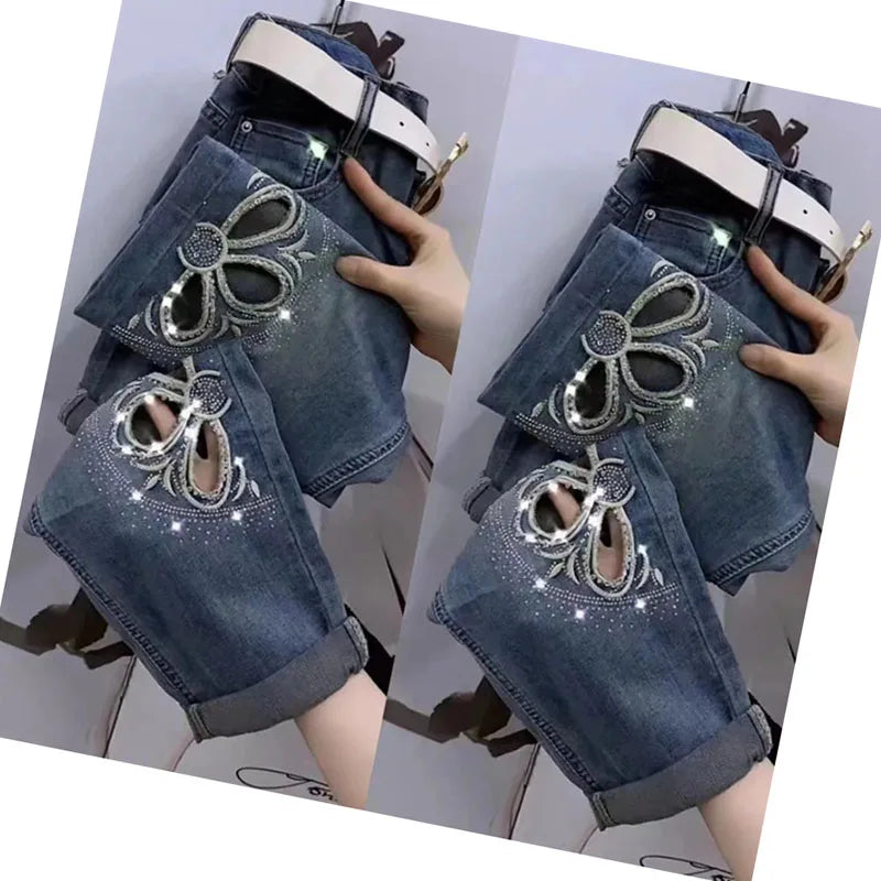 TAMBREET New High Waist Summer Elastic Waist Students Korean Version Of Loose Pants Straight Harem Denim Pants Broke Jeans Pants Female