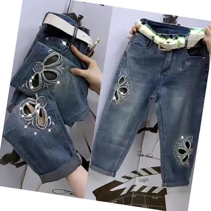 TAMBREET New High Waist Summer Elastic Waist Students Korean Version Of Loose Pants Straight Harem Denim Pants Broke Jeans Pants Female