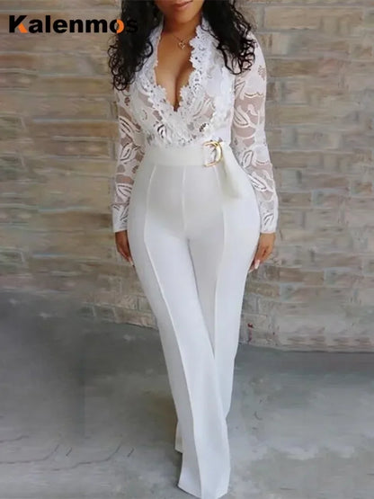 TAMBREET New In Jumpsuit Women White Overalls Party Lace Rompers Bodysuit One Piece Long Sleeve V-neck Long Pants Y2k Elegant Spring Work