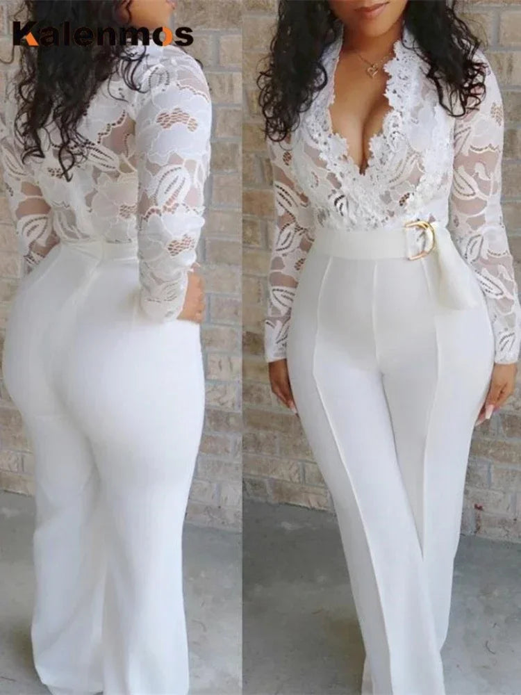 TAMBREET New In Jumpsuit Women White Overalls Party Lace Rompers Bodysuit One Piece Long Sleeve V-neck Long Pants Y2k Elegant Spring Work