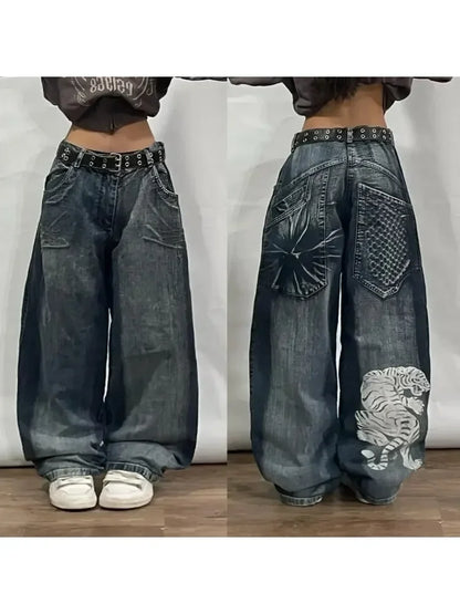 TAMBREET New Jeans Female Y2K American Harajuku Retro Washed Loose Jeans Street Fashion Casual Gothic High Waist Pants For Men and Women