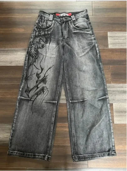 TAMBREET New Jeans Female Y2K American Harajuku Retro Washed Loose Jeans Street Fashion Casual Gothic High Waist Pants For Men and Women