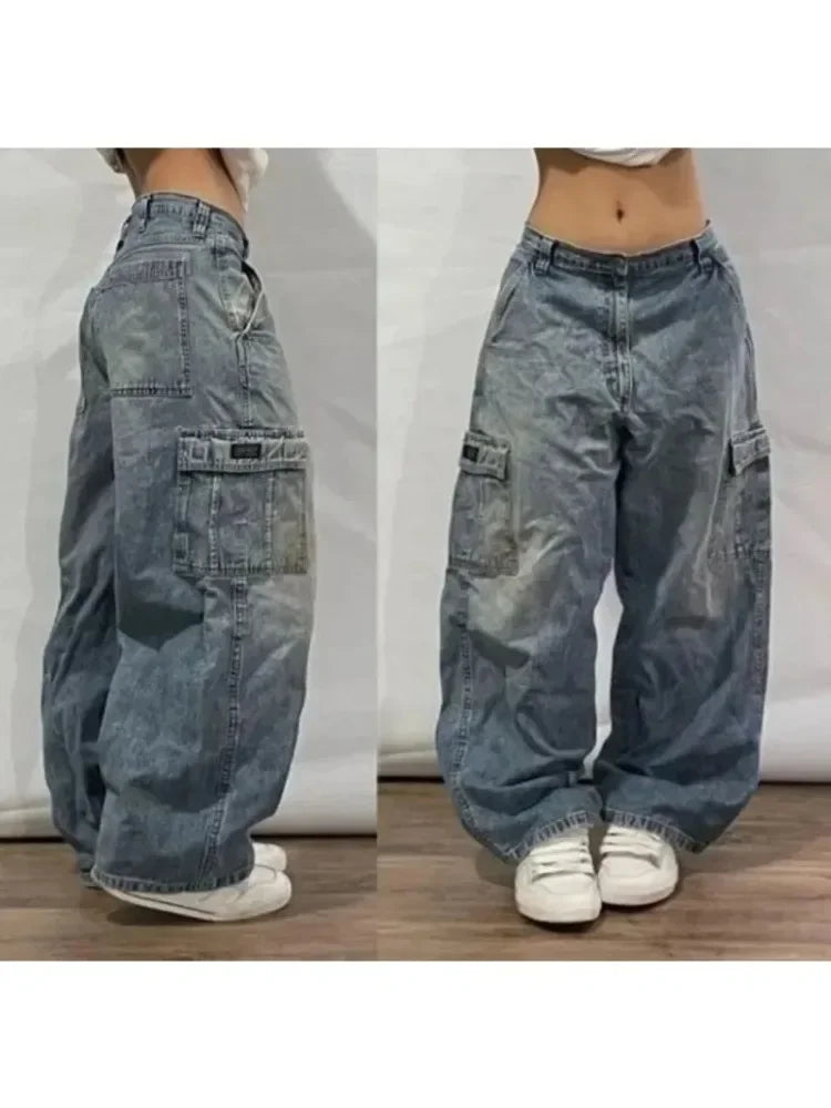 TAMBREET New Jeans Female Y2K American Harajuku Retro Washed Loose Jeans Street Fashion Casual Gothic High Waist Pants For Men and Women