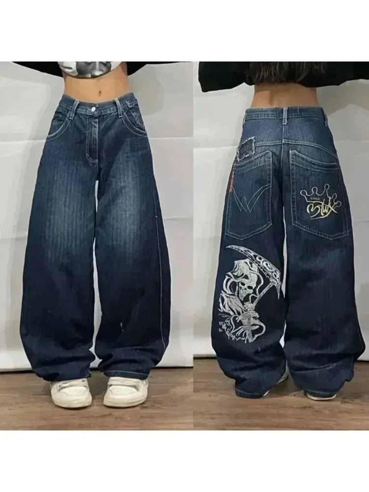 TAMBREET New Jeans Female Y2K American Harajuku Retro Washed Loose Jeans Street Fashion Casual Gothic High Waist Pants For Men and Women