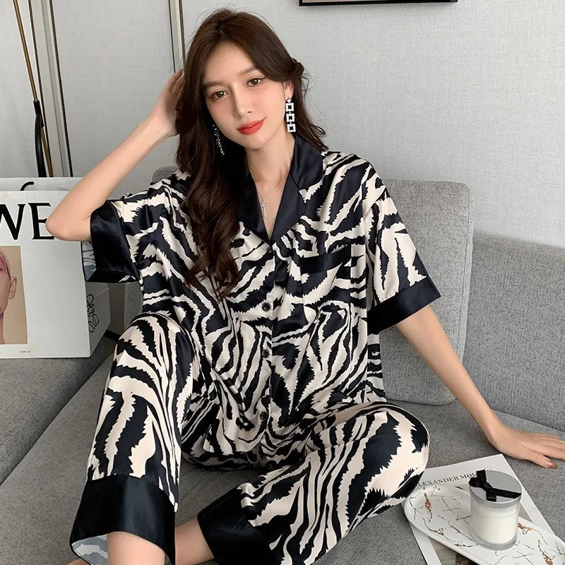 TAMBREET New Ladies Two-Piece Pajamas Spring And Autumn Summer Pajamas Women Zebra Print Silk Short-Sleeved Trousers Pajamas Homewear Set