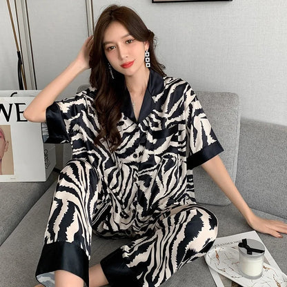 TAMBREET New Ladies Two-Piece Pajamas Spring And Autumn Summer Pajamas Women Zebra Print Silk Short-Sleeved Trousers Pajamas Homewear Set