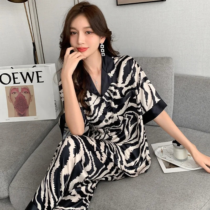 TAMBREET New Ladies Two-Piece Pajamas Spring And Autumn Summer Pajamas Women Zebra Print Silk Short-Sleeved Trousers Pajamas Homewear Set