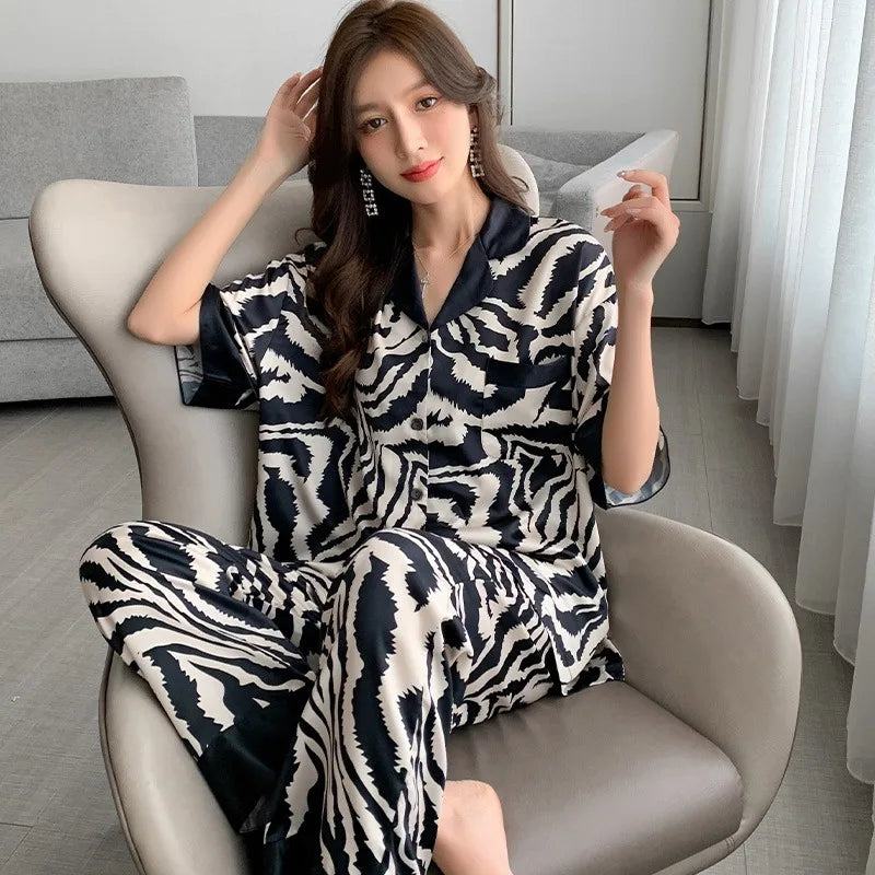 TAMBREET New Ladies Two-Piece Pajamas Spring And Autumn Summer Pajamas Women Zebra Print Silk Short-Sleeved Trousers Pajamas Homewear Set