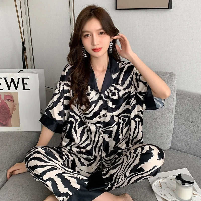 TAMBREET New Ladies Two-Piece Pajamas Spring And Autumn Summer Pajamas Women Zebra Print Silk Short-Sleeved Trousers Pajamas Homewear Set