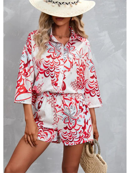 TAMBREET New Print Three-quarter Sleeve Short Casual Suit Spring Summer Fashion Elegant Casual Button Shirt 2 Piece Set Womens Clothing