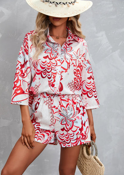 TAMBREET New Print Three-quarter Sleeve Short Casual Suit Spring Summer Fashion Elegant Casual Button Shirt 2 Piece Set Womens Clothing