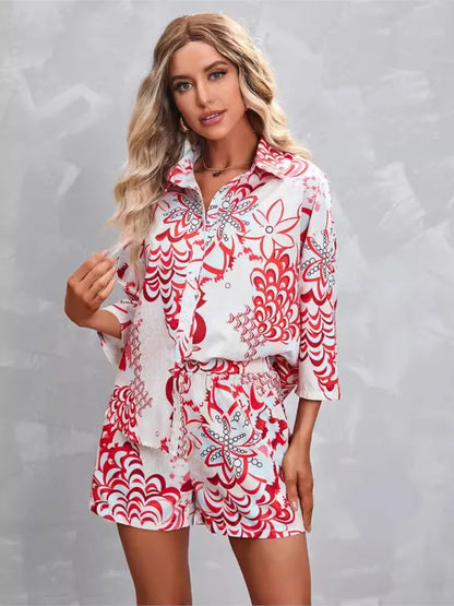 TAMBREET New Print Three-quarter Sleeve Short Casual Suit Spring Summer Fashion Elegant Casual Button Shirt 2 Piece Set Womens Clothing