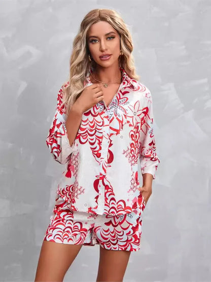 TAMBREET New Print Three-quarter Sleeve Short Casual Suit Spring Summer Fashion Elegant Casual Button Shirt 2 Piece Set Womens Clothing