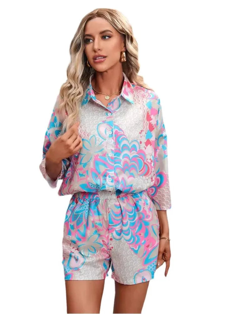 TAMBREET New Print Three-quarter Sleeve Short Casual Suit Spring Summer Fashion Elegant Casual Button Shirt 2 Piece Set Womens Clothing