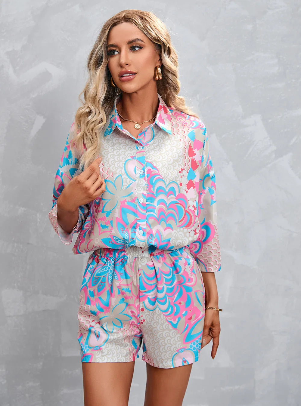 TAMBREET New Print Three-quarter Sleeve Short Casual Suit Spring Summer Fashion Elegant Casual Button Shirt 2 Piece Set Womens Clothing