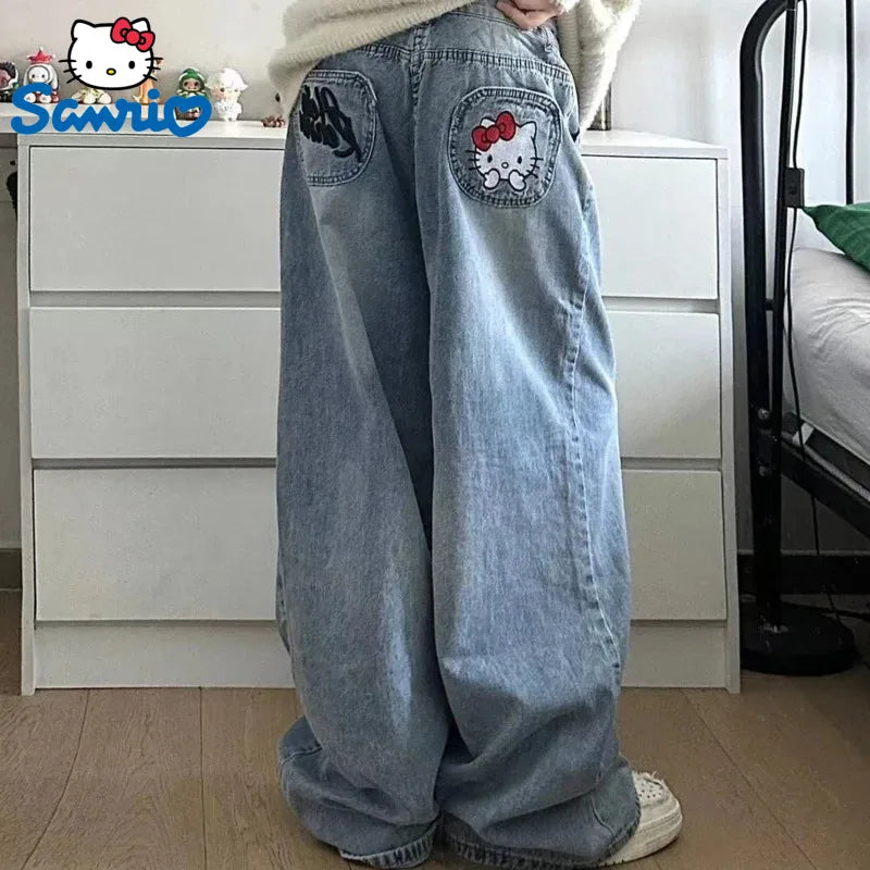 TAMBREET New Sanrio Hello Kitty Baggy Jeans Women Blue Denim Embroidery Fashion Wide Leg Pants Winter High Waist Straight Clothes Y2k