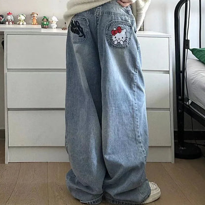 TAMBREET New Sanrio Hello Kitty Baggy Jeans Women Blue Denim Embroidery Fashion Wide Leg Pants Winter High Waist Straight Clothes Y2k