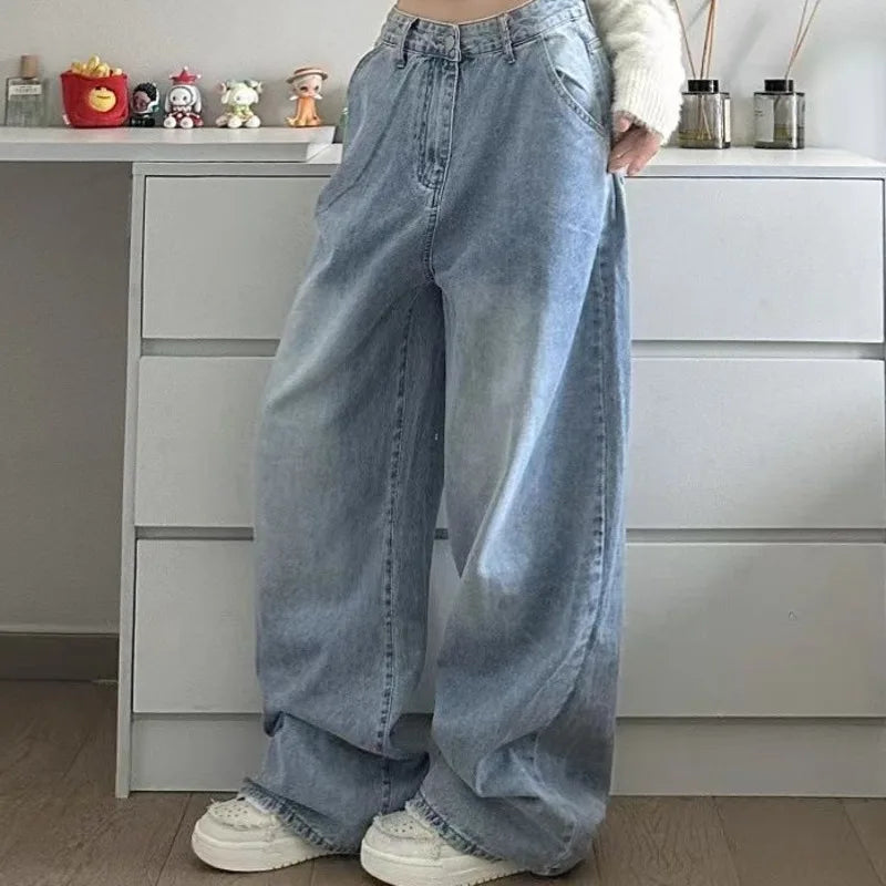 TAMBREET New Sanrio Hello Kitty Baggy Jeans Women Blue Denim Embroidery Fashion Wide Leg Pants Winter High Waist Straight Clothes Y2k