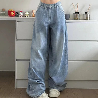 TAMBREET New Sanrio Hello Kitty Baggy Jeans Women Blue Denim Embroidery Fashion Wide Leg Pants Winter High Waist Straight Clothes Y2k