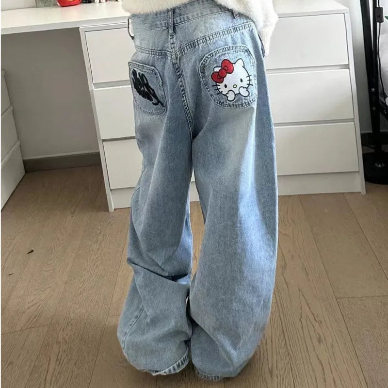 TAMBREET New Sanrio Hello Kitty Baggy Jeans Women Blue Denim Embroidery Fashion Wide Leg Pants Winter High Waist Straight Clothes Y2k