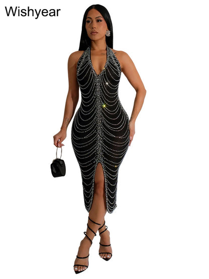 TAMBREET New Sexy Diamonds Halter Black Party Bodycon Midi Dress Women Sleeveless Backless Front Split Birthday Night Prom Club Vestidos