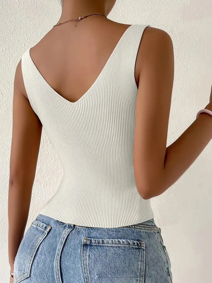 TAMBREET New Summer Women Drawstring Front Ribbed Knit Tops Femme Sexy V Neck Sleeveless Crop Top Clothes High Stretch Split Cropped Tank