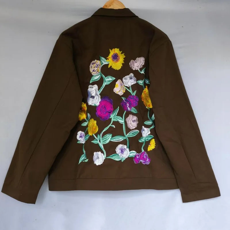 TAMBREET New TS Work Piano Flower Embroidery Men's Women's Taylors Jacket Long Sleeve Cotton Brown Front Zipper Taylor Cardigan Coat