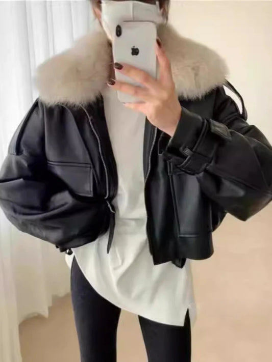 TAMBREET New Velvet Thickened Leather Jacket Women Clothing Short Detachable Rabbit Fur Collar Warm Black Coats Women Tops Autumn/Winter