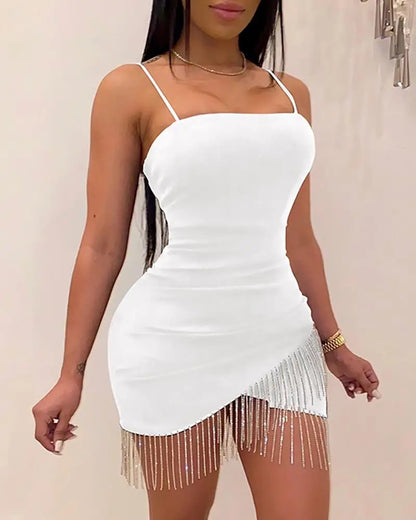 TAMBREET New Woman Party Night Birthday Tassel Split Sleeveless Bodycon Dress Summer Elegant Suspender Short Mini Pencil Sexy Dresses