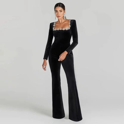 TAMBREET New Women's Sparkling Rhinestone Square Neck Jumpsuit Sexy Black Bandage Elegant Party Jumpsuit