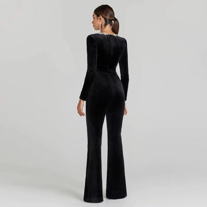 TAMBREET New Women's Sparkling Rhinestone Square Neck Jumpsuit Sexy Black Bandage Elegant Party Jumpsuit