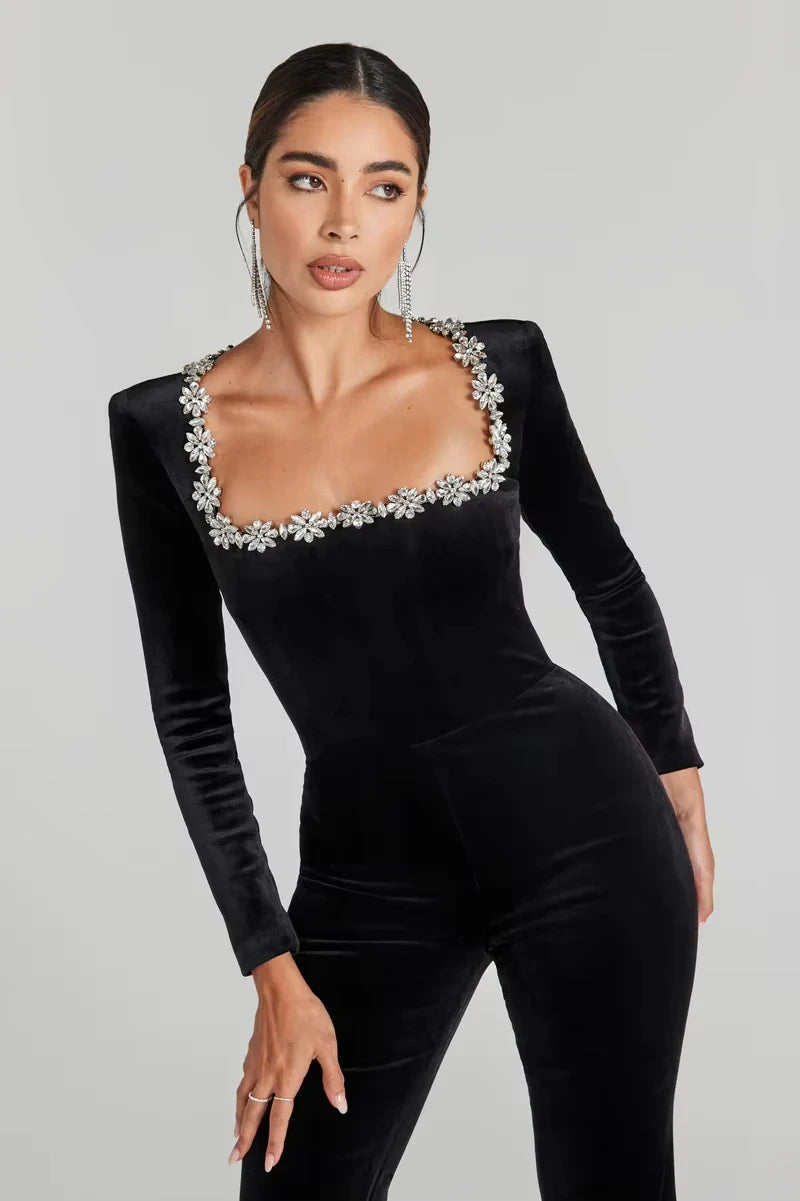 TAMBREET New Women's Sparkling Rhinestone Square Neck Jumpsuit Sexy Black Bandage Elegant Party Jumpsuit