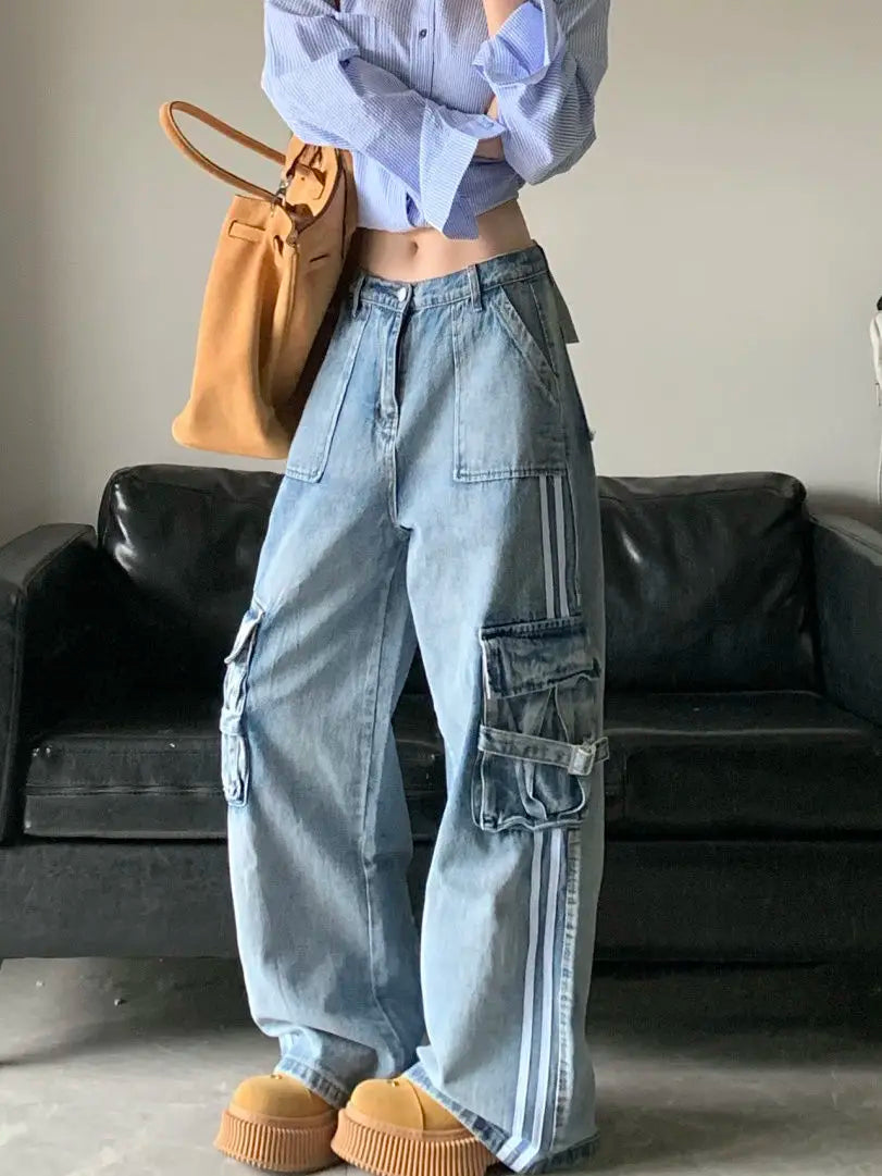 TAMBREET New high waisted striped blue large pocket workwear jeans for women Y2k retro loose fitting slimming wide leg pants