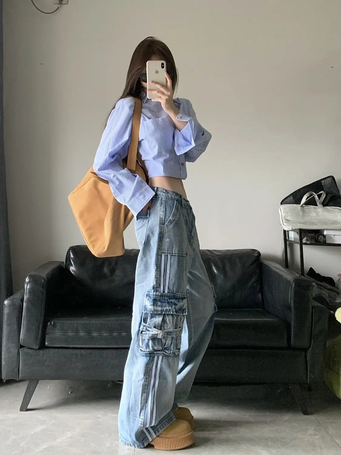 TAMBREET New high waisted striped blue large pocket workwear jeans for women Y2k retro loose fitting slimming wide leg pants