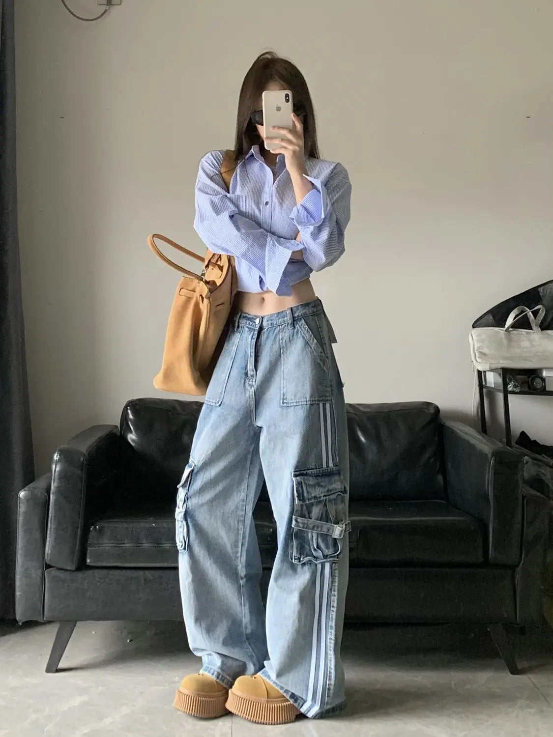 TAMBREET New high waisted striped blue large pocket workwear jeans for women Y2k retro loose fitting slimming wide leg pants