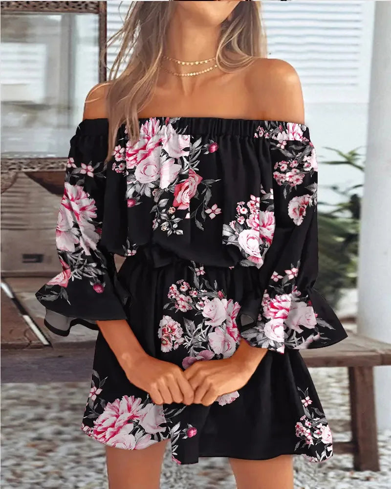 TAMBREET New women's sexy fashion one-shoulder printed dress